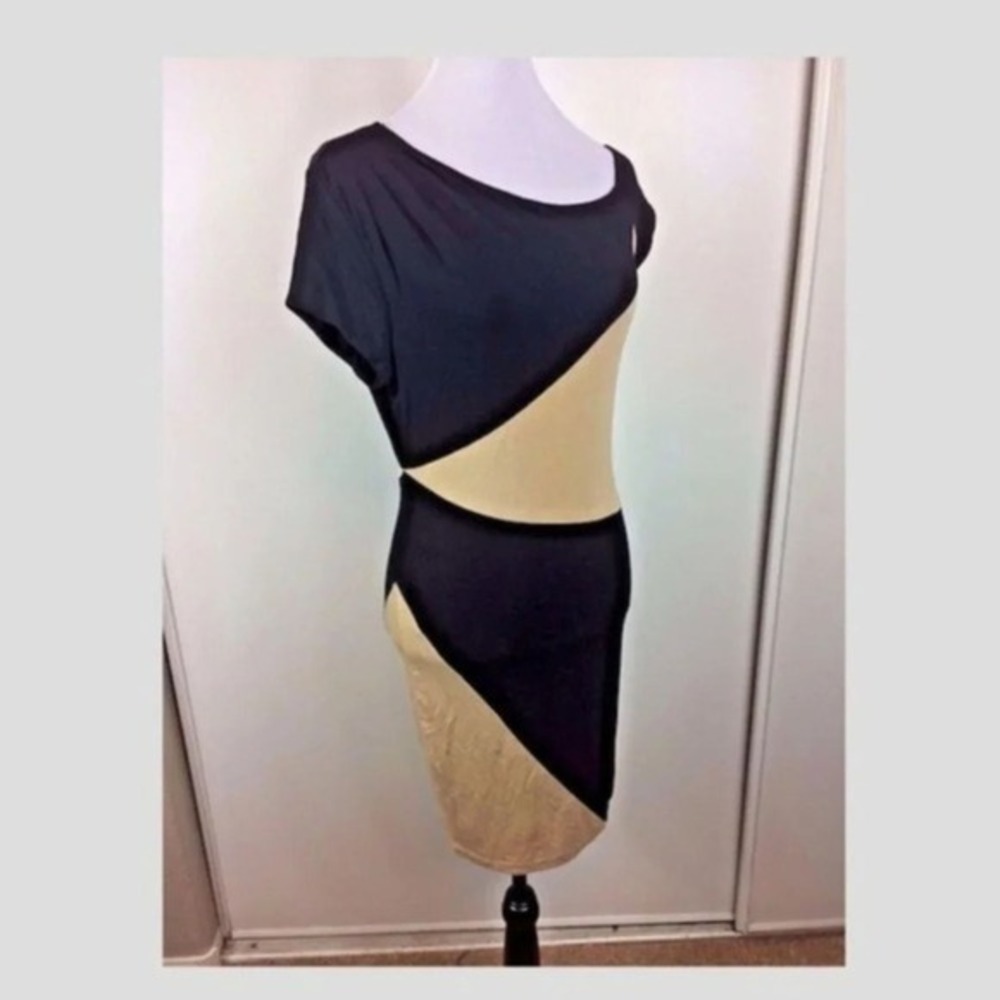 Bebe Black and Beige Tan ZigZag ColorBlock Dress M